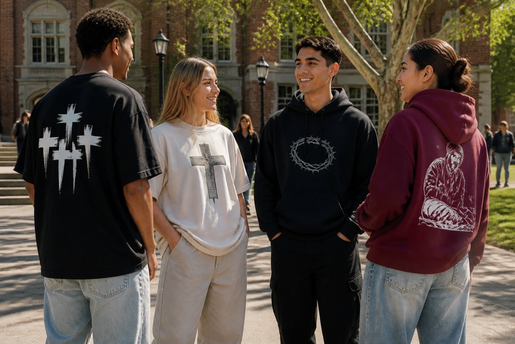A group of young adults in their early twenties wearing oversized graphic tees and hoodies with bold faith-inspired text, standing together outdoors on a sunlit college campus in relaxed streetwear poses