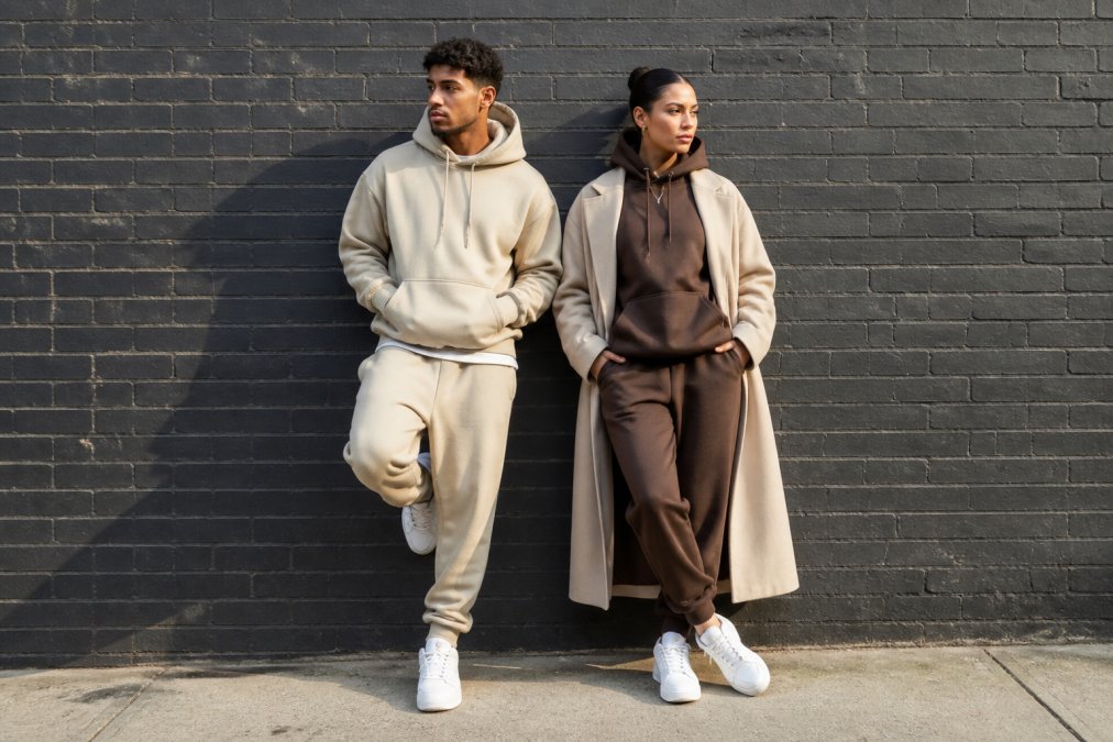 A young man and young woman styled in different outfit aesthetics, both wearing oversized faith-inspired hoodies, one paired with joggers and clean white sneakers, the other layered with a longline coat and minimal accessories, photographed against a clean urban brick wall in natural afternoon light