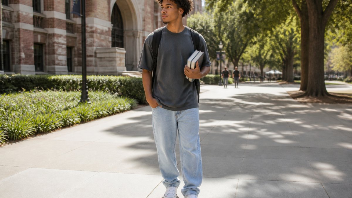 College student wearing an oversized faith-inspired graphic tee in charcoal grey with double-needle stitching, paired with relaxed-fit light blue jeans and white canvas sneakers, standing confidently on a sunny college campus with books in hand