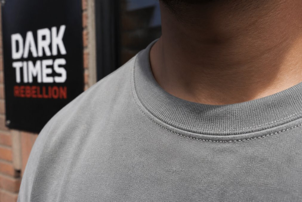 Infographic detailing the premium stitching and fabric quality of a grey heavyweight christian streetwear tee