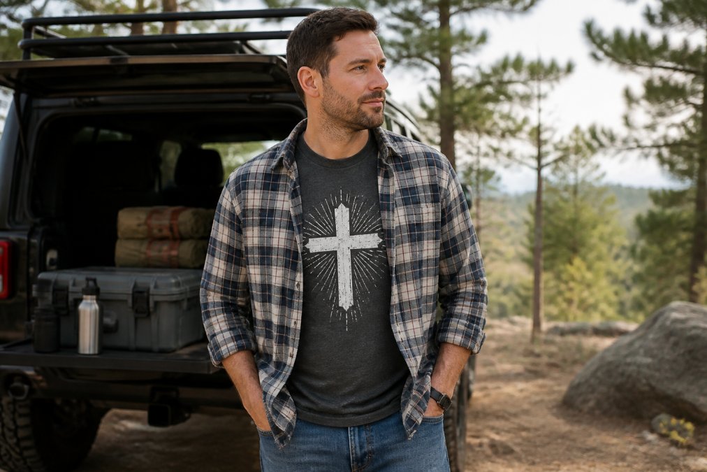 A man in his 30s wearing christian tees layered under an open flannel shirt in a casual outdoor setting