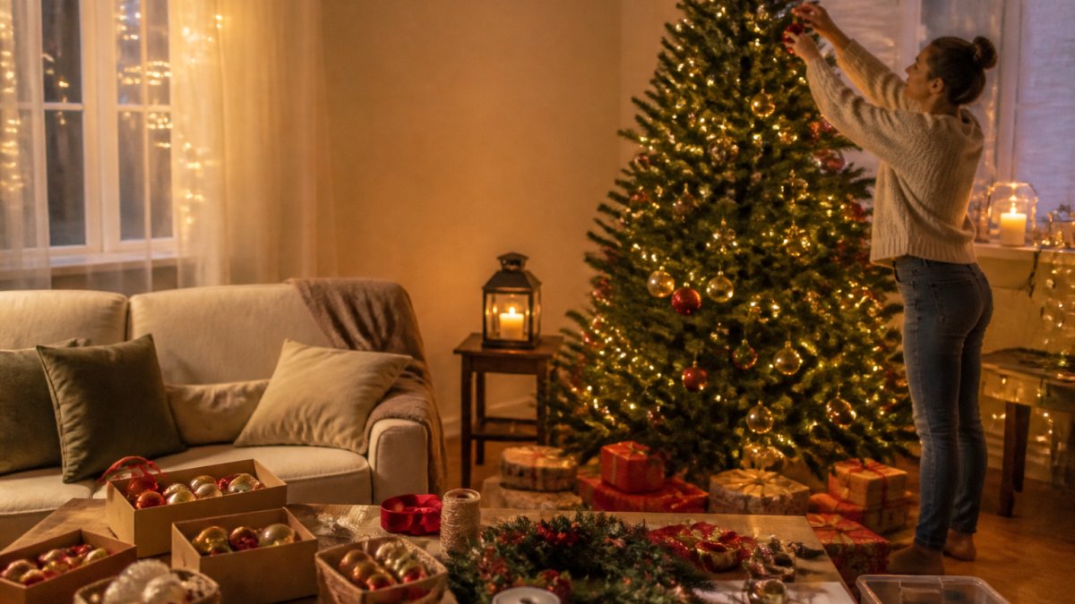 Person placing a red ornament on a Christmas tree in a cozy living room with string lights and wrapped gifts