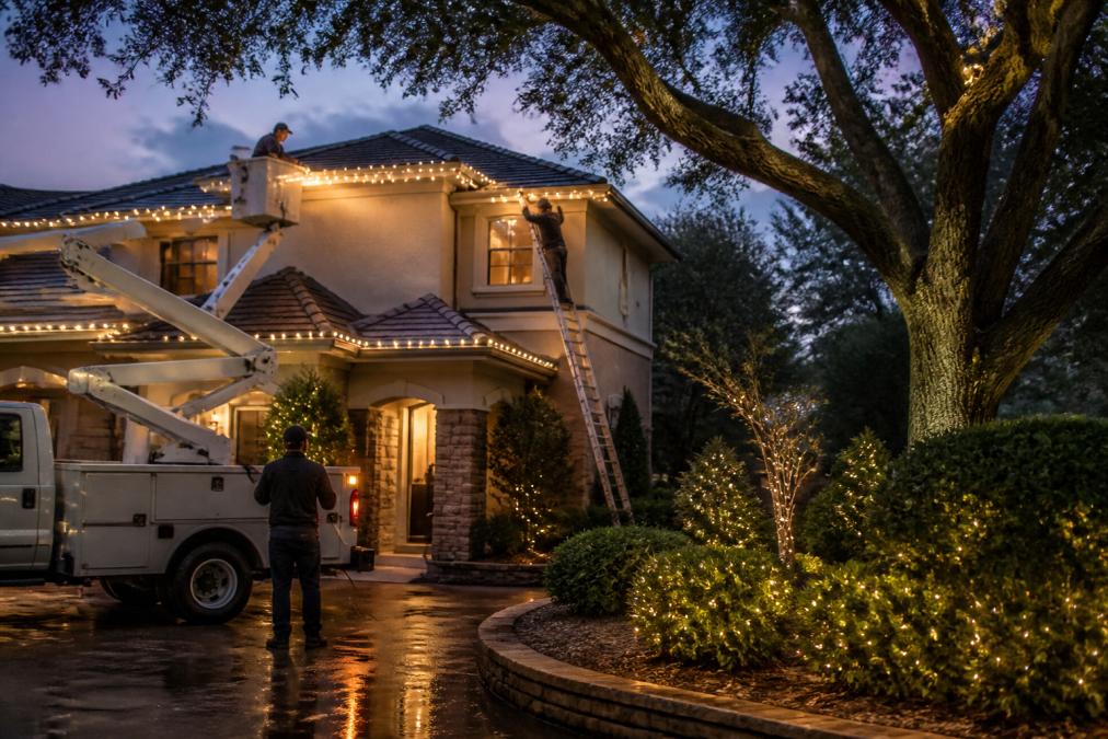 Professional crew installing warm-white LED lights for a Christmas decorations installation on a home roof.