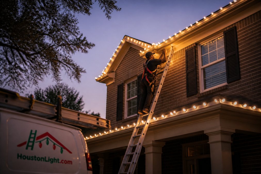 A professional installer in a safety harness on an extension ladder, carefully clipping warm white LED holiday lights along the roofline and gutters of a two-story brick home at dusk, with soft golden light glowing against the darkening sky