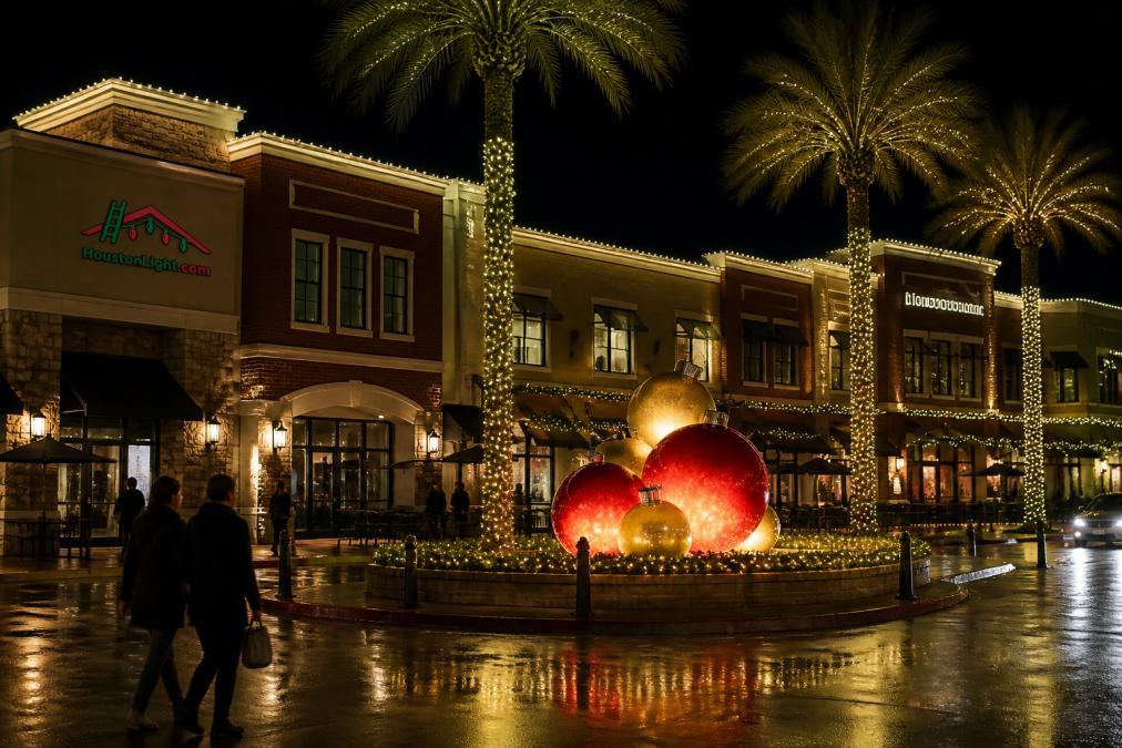 A large outdoor shopping plaza at night with professional holiday lighting across multiple storefronts, including wrapped palm trees with warm white LED lights, lit garland along awnings, and a central display with oversized illuminated ornaments reflecting on wet pavement