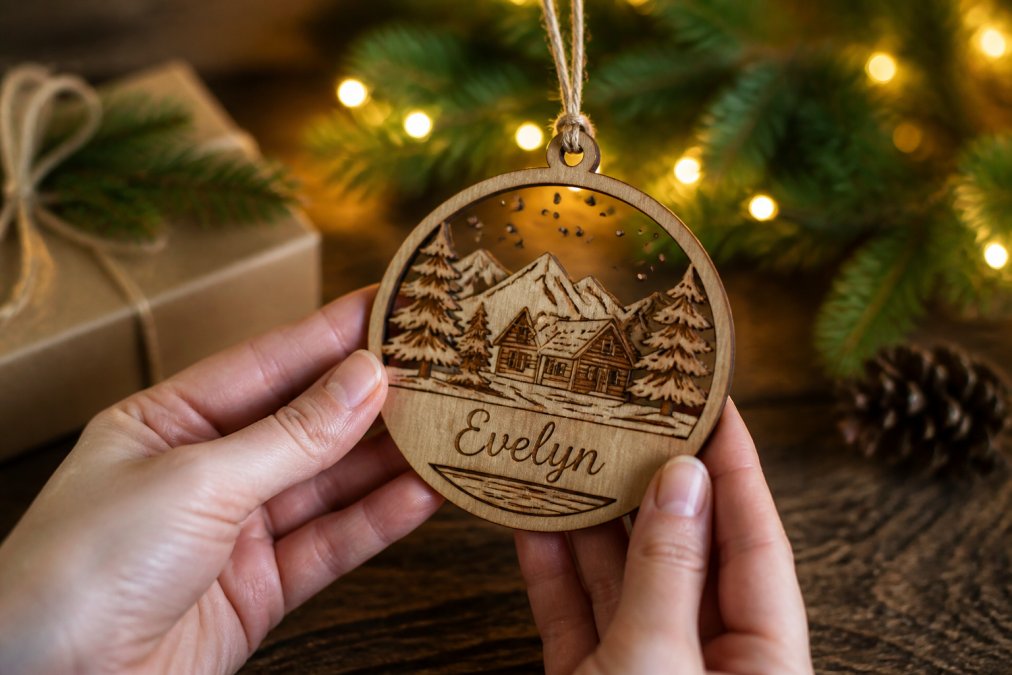 Close-up of hands holding a laser-engraved wooden Christmas ornament with a custom name, soft warm holiday lights blurred in the background, rustic wooden table surface