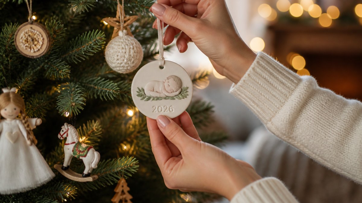A close-up of hands hanging a personalized ceramic ornament with a baby's name and 2026 date on a Christmas tree branch, warm indoor lights blurred in the background, other handmade ornaments visible nearby