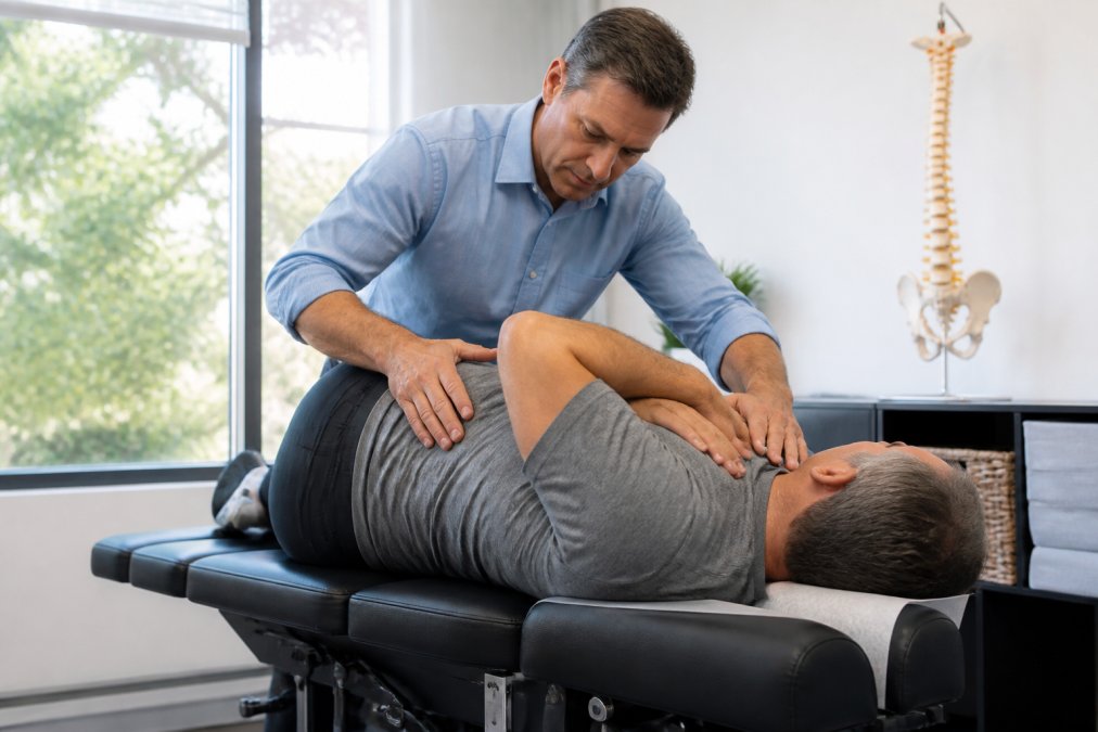 Infographic showing the step-by-step process of chiropractic care for chronic back pain relief in a clinic.