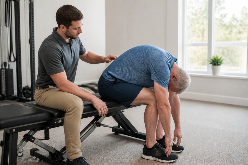 A physical therapist working one-on-one with a patient performing a lumbar movement assessment, the therapist observing the patient's seated forward bend in a bright, clinical therapy room with natural light and neutral-colored walls