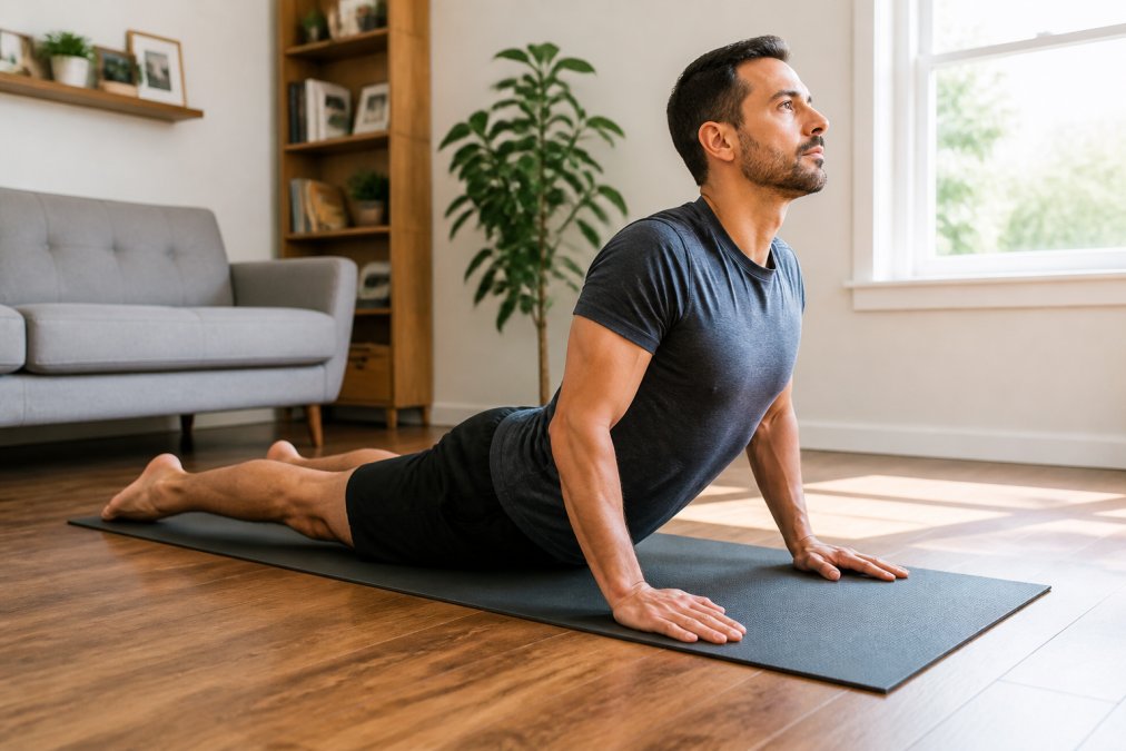 An active adult lying face-down on a yoga mat performing a controlled back extension press-up, arms extended, head lifted, in a well-lit home setting with wooden floors and a window with natural light
