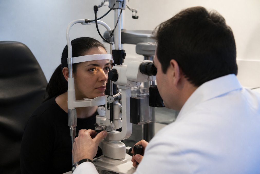Eye care professional examining a patient using specialized diagnostic equipment in a clinical setting with clinical lighting and modern diagnostic instruments