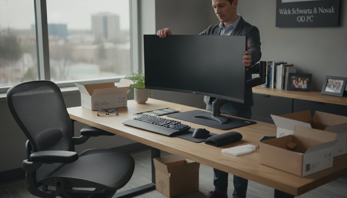 Professional at ergonomic desk with monitor positioned below eye level, proper chair height supporting neutral posture, desk lamp providing side lighting without glare, blue light filter visible on screen