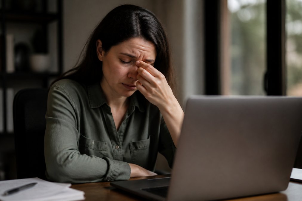 Person experiencing eye strain and redness while working at computer desk with screen light reflecting on their face, showing discomfort with hand near eye