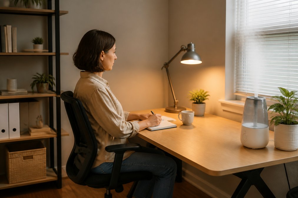 Well-organized home office workspace with monitor positioned at eye level, proper ambient lighting from desk lamp, humidifier on desk, and person sitting with correct posture at ergonomic desk