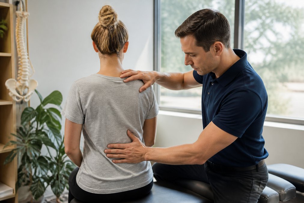 Chiropractor performing detailed spinal assessment on patient in modern clinical setting with natural window lighting, hands-on evaluation technique visible