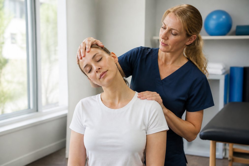 Physical therapist guiding patient through gentle neck stretching exercise in bright clinical setting with natural window lighting