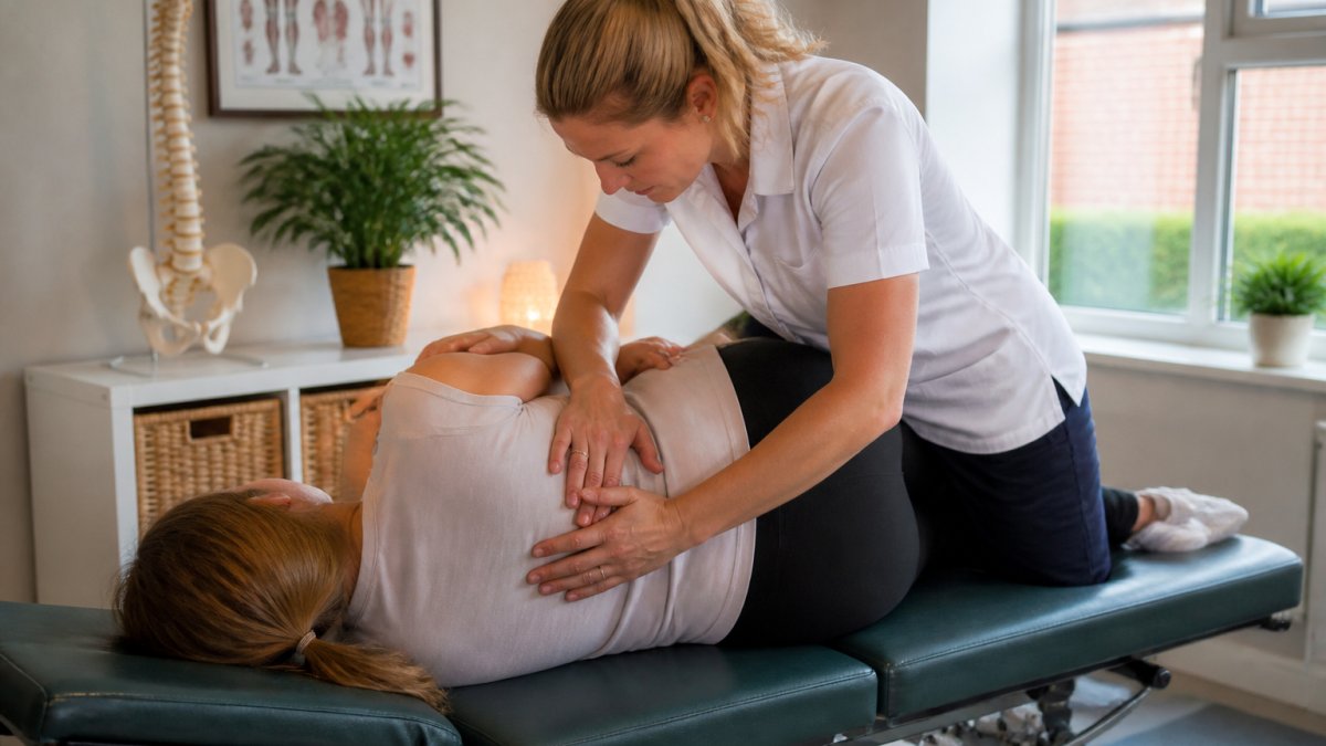 Chiropractor performing spinal adjustment on patient lying on treatment table in clinical setting with natural lighting from windows