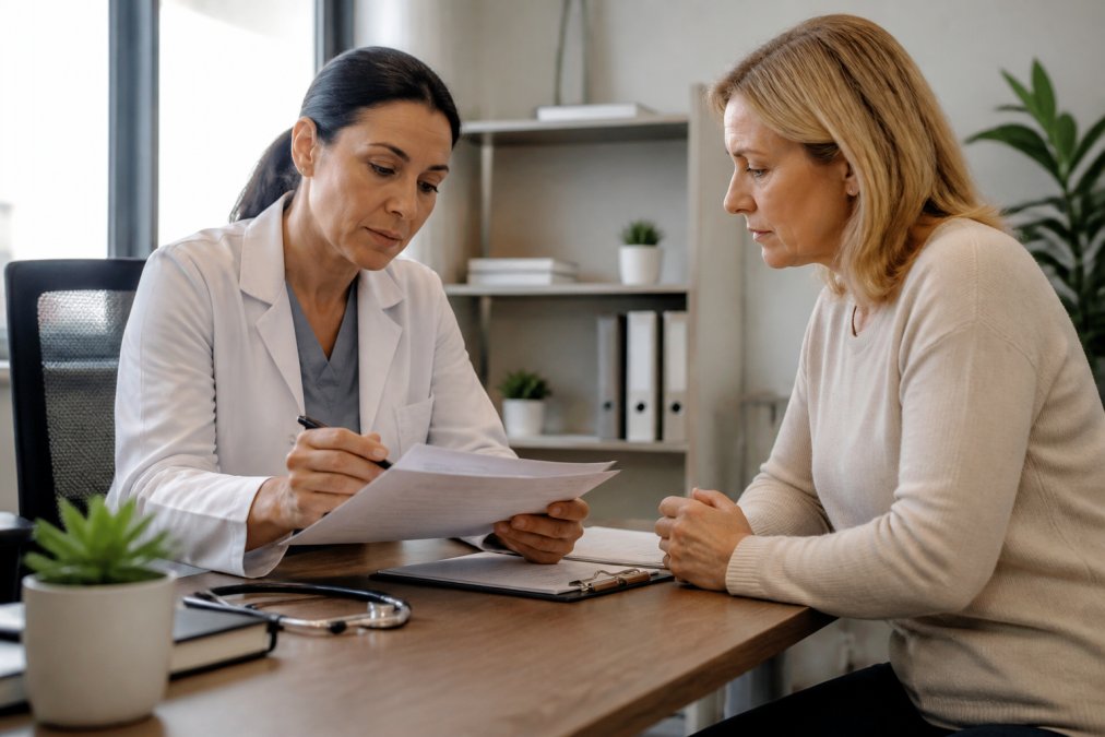 Healthcare provider in professional attire having focused consultation with patient, reviewing medical notes and discussing personalized treatment options at modern clinical desk