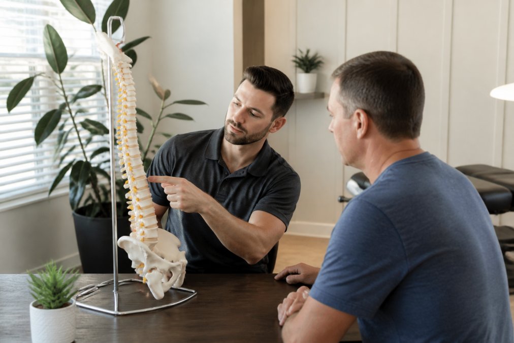 A patient consulting with a chiropractor in a bright, modern clinic, pointing to a spinal model on a desk