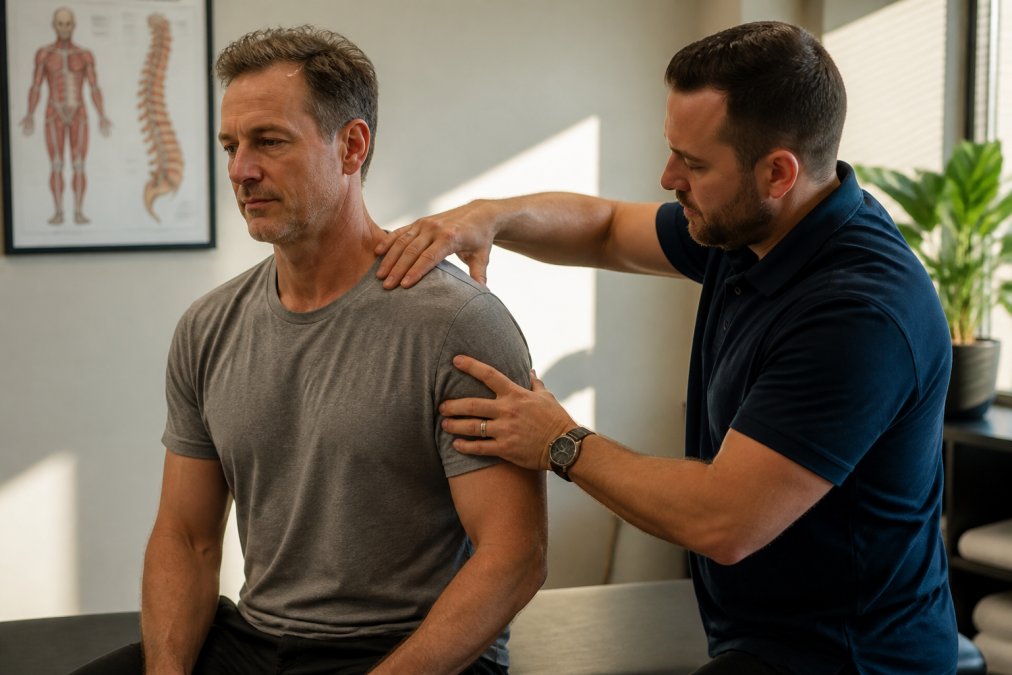 Chiropractor examining a patient's shoulder to diagnose chronic shoulder pain in a sunlit clinic office