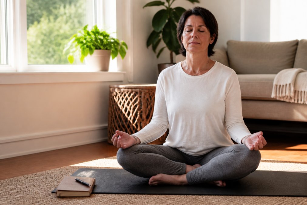 A woman in her forties sitting cross-legged on a yoga mat in a sunlit living room, eyes closed, hands resting on her knees, practicing slow breathing with a journal and pen beside her