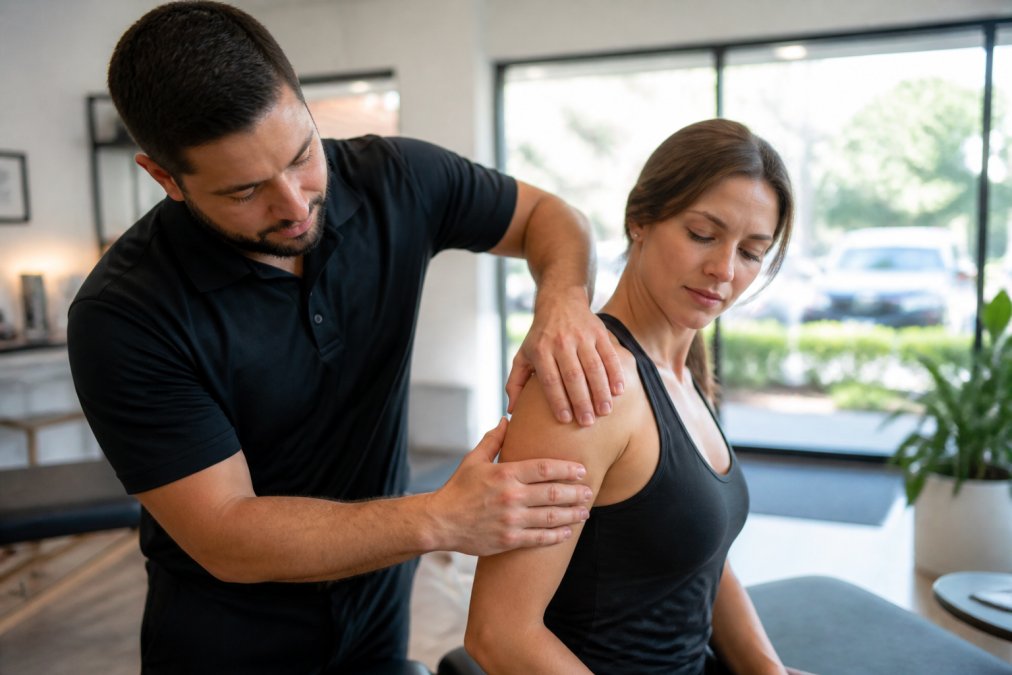 Healthcare provider performing hands-on therapeutic treatment on patient's shoulder in modern clinical setting with natural lighting, demonstrating active pain management technique