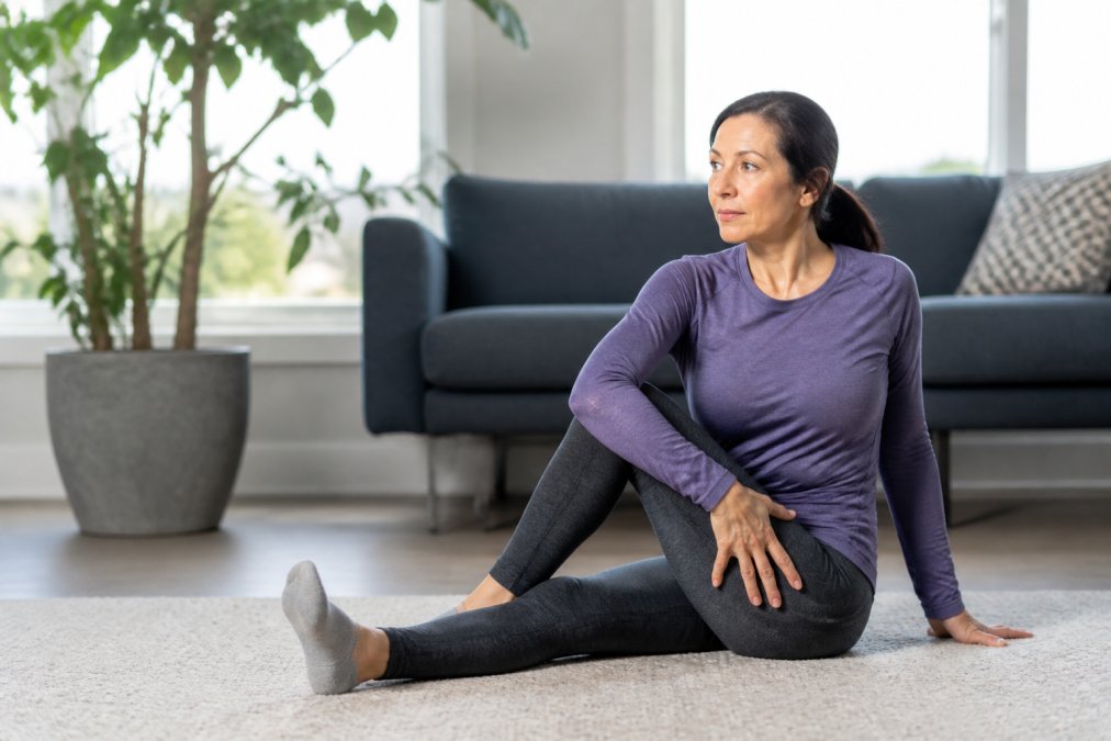 Middle-aged person performing gentle stretching exercises at home in natural daylight, demonstrating self-directed chronic pain management and lifestyle intervention