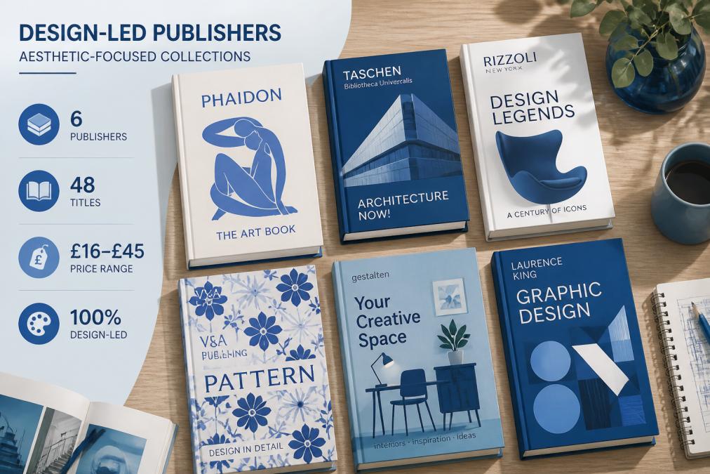 Flat lay of beautifully designed art and design books arranged on a wooden table with natural lighting, showcasing vibrant covers and typography details