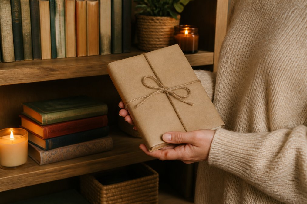 Hands holding a wrapped gift book with care, surrounded by other thoughtfully selected books on a cosy shelf with warm lighting and natural textures