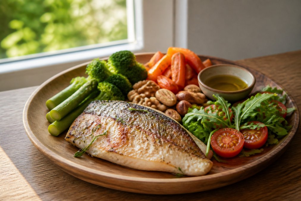 Gezonde maaltijd met gegrilde vis en verse groenten voor wie chronische vermoeidheid natuurlijk wil aanpakken met voeding.