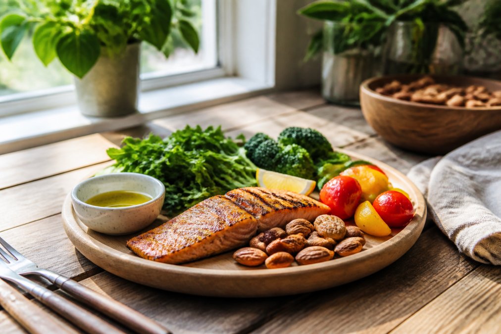 Gezonde maaltijd met gegrilde vis en verse groenten voor wie chronische vermoeidheid natuurlijk wil aanpakken met voeding.
