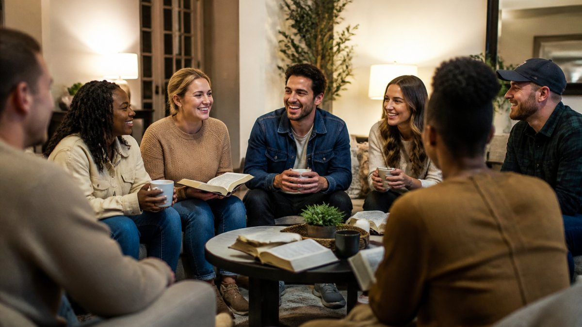 Diverse group of young adults laughing together during a casual small group meeting, sitting in a circle with coffee cups and open Bibles, appearing relaxed and engaged in conversation in a modern living room with warm lighting