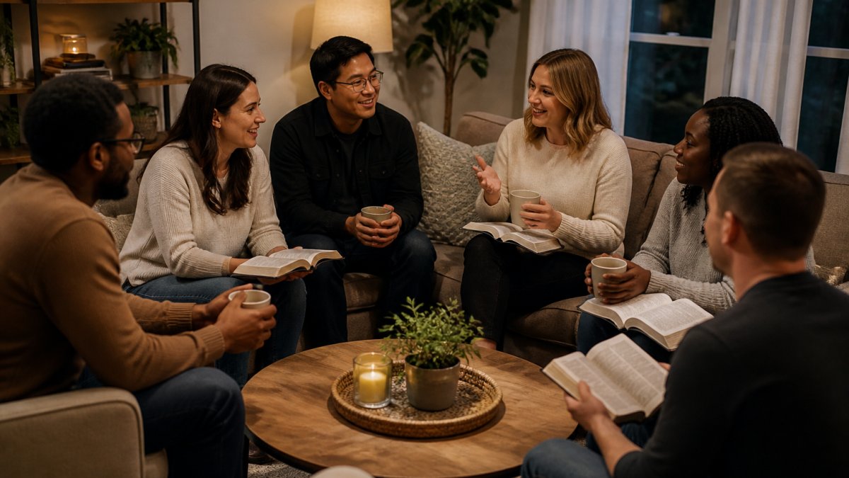 Diverse adults gathered in a Denver living room for a small group Bible study with coffee and conversation.