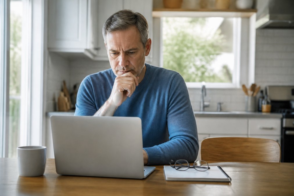 A man in his 50s sitting at a kitchen table with a laptop, reviewing a comparison of two medication options, looking thoughtful and informed