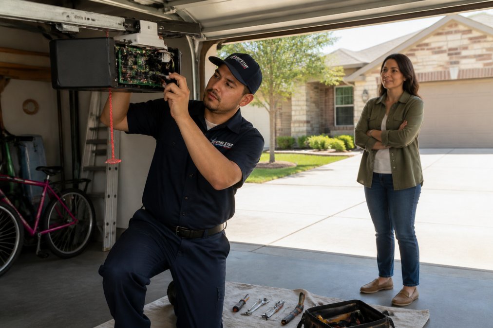 A garage door technician in work clothes kneeling beside an open garage door opener motor unit, tools laid out on a drop cloth, homeowner watching from the driveway of a suburban Texas home