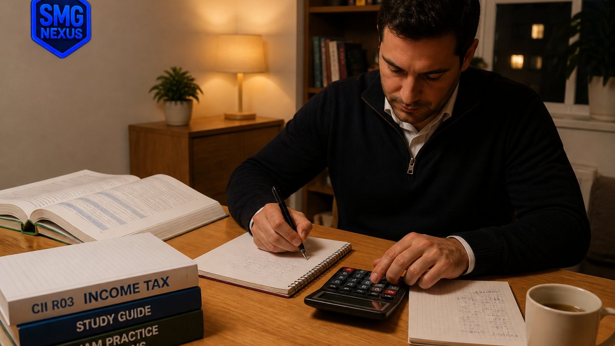Financial professional working through tax calculations on a desk at home under warm lamp light