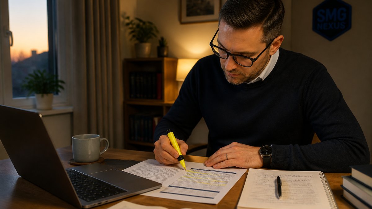Financial services professional highlighting a printed case study at a desk in a home office during the evening