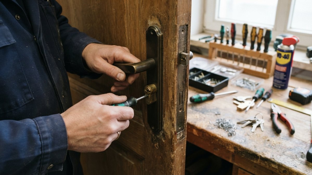 Professionele handen voorzichtig een oud cilinderslot uit een deurbeslag verwijderende met een schroevendraaier, werkbank met gereedschappen op achtergrond, natuurlijke werkplekverlichting