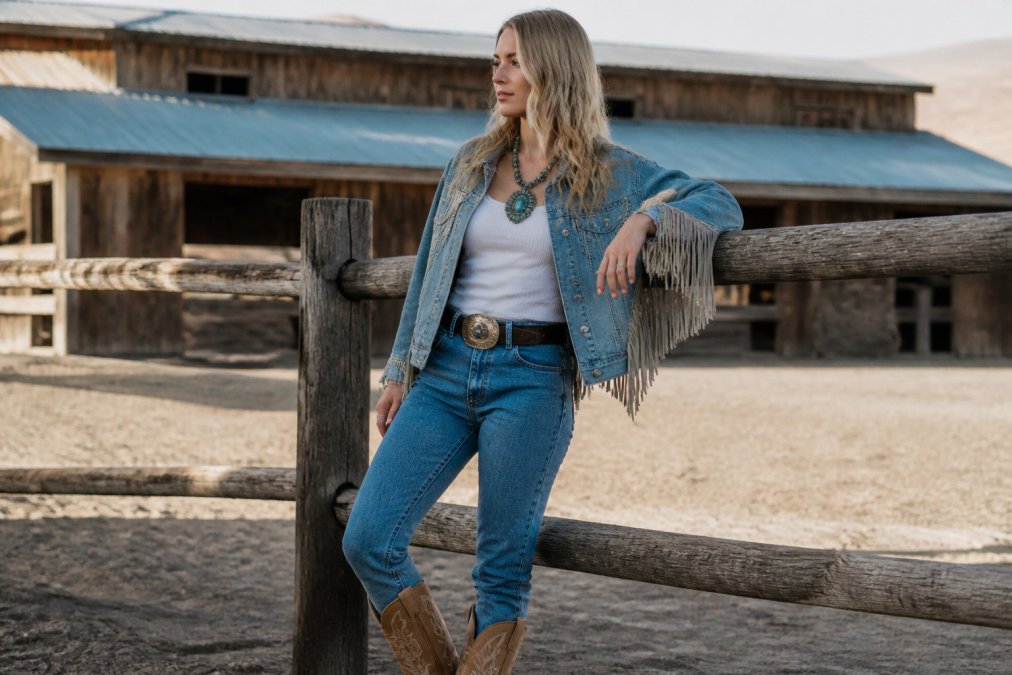 Woman wearing modern western outfit featuring fringe-trimmed denim jacket and boots, styled with contemporary accessories and natural outdoor lighting in casual ranch setting