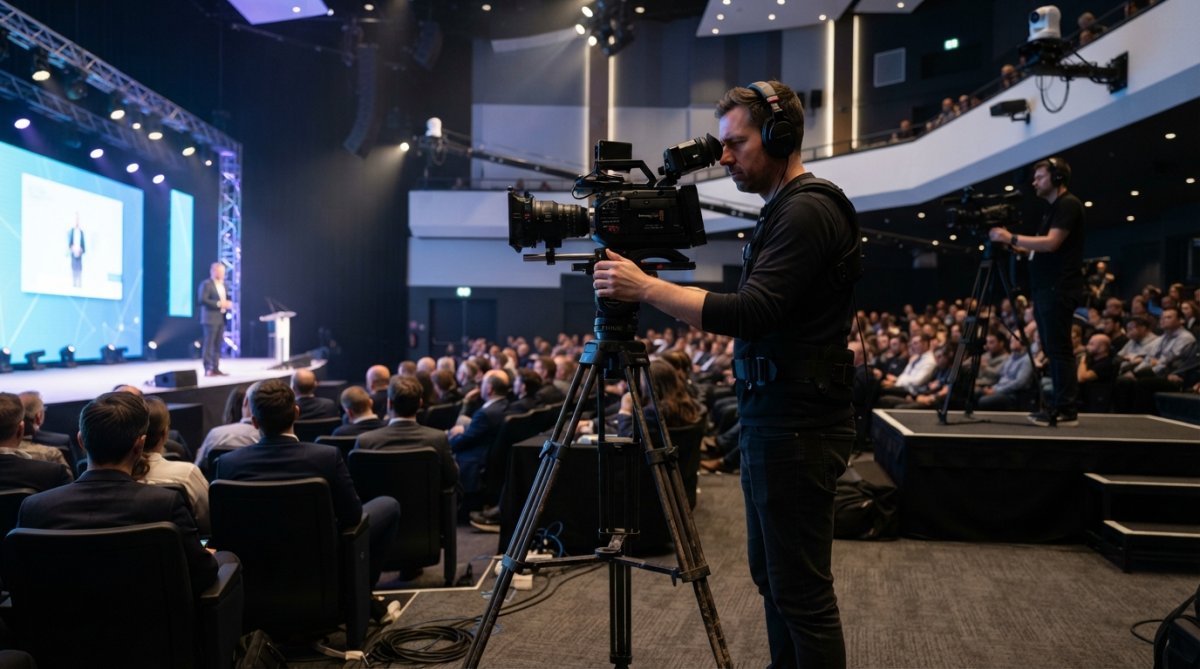 Professional camera operator positioned at a live corporate event, framing a speaker on stage with multiple camera positions visible in the background, modern conference venue with professional lighting rigs