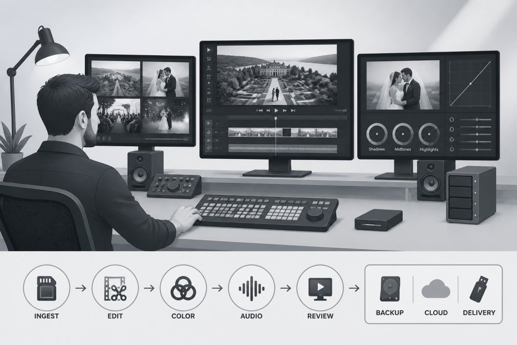 Professional videographer sitting at editing desk with three monitors displaying wedding footage in color grading software, timeline visible on primary monitor, color wheels and adjustment panels visible, high-end editing keyboard in foreground, studio lighting illuminating the workspace
