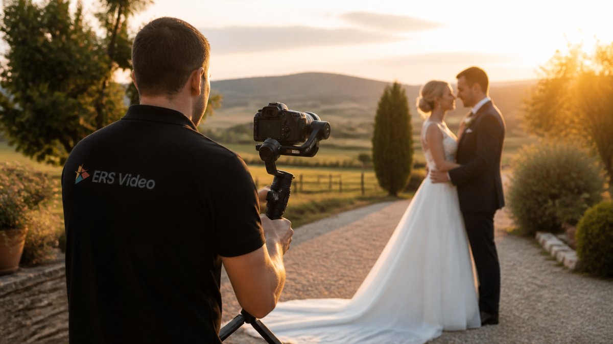 A wedding videographer filming a bride and groom outdoors at golden hour, camera mounted on a gimbal, soft warm light, blurred countryside venue in the background