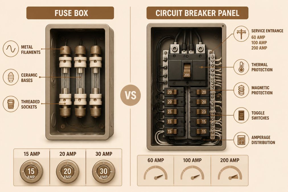 Side-by-side diagram showing internal components of circuit breaker panel vs fuse box: fuse box displays metal filaments, ceramic bases, threaded sockets with 15-amp/20-amp/30-amp ratings; circuit breaker panel shows toggle switches, thermal protection mechanism, magnetic protection coil, service entrance rated 60-amp/100-amp/200-amp, labeled amperage distribution