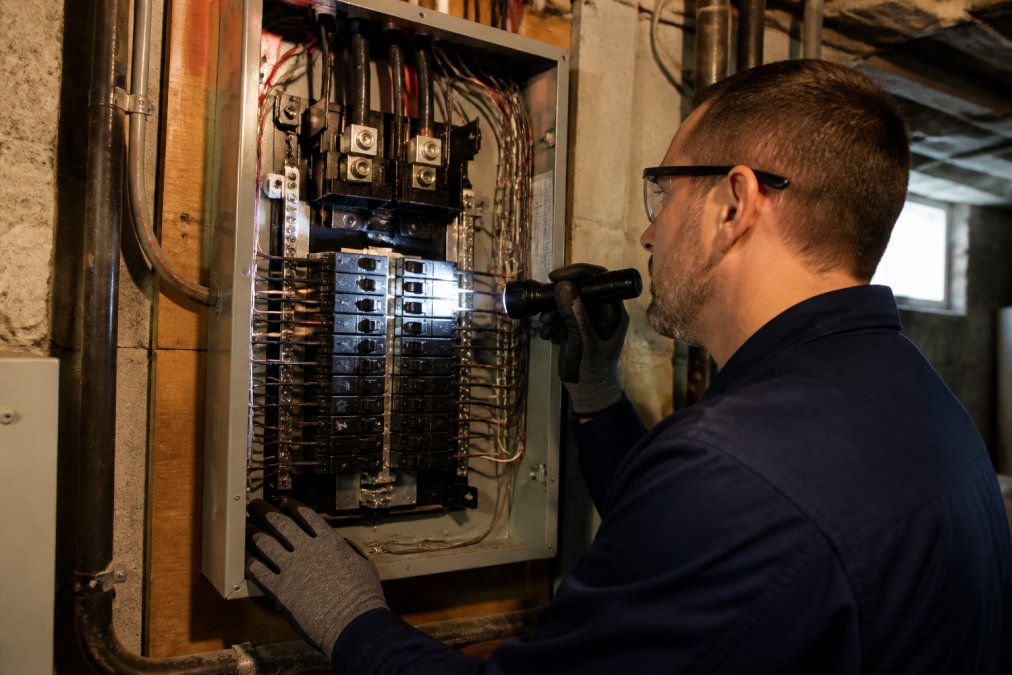 Professional electrician inspecting open circuit breaker panel showing modern toggle switches and clear labeling, with warm lighting highlighting the internal bus bars and breaker mechanisms