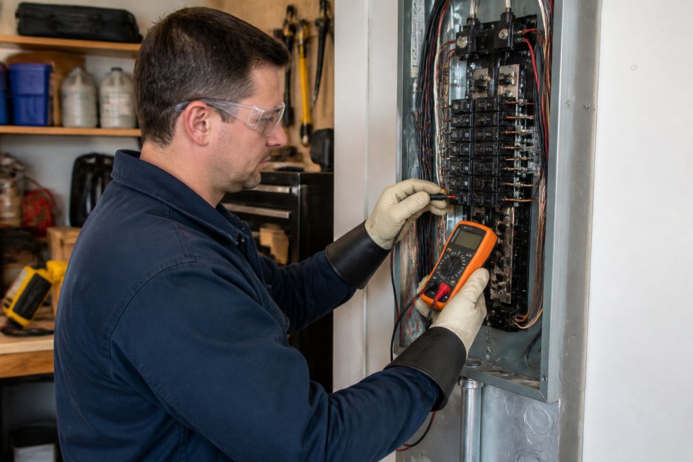 Homeowner wearing safety gear testing a circuit breaker that won't reset using a digital multimeter