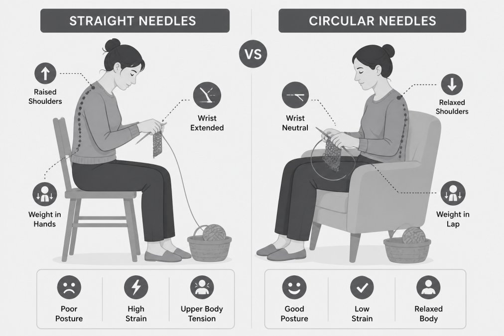 Diagram comparing posture when using circular needles vs straight needles to show reduced wrist strain.