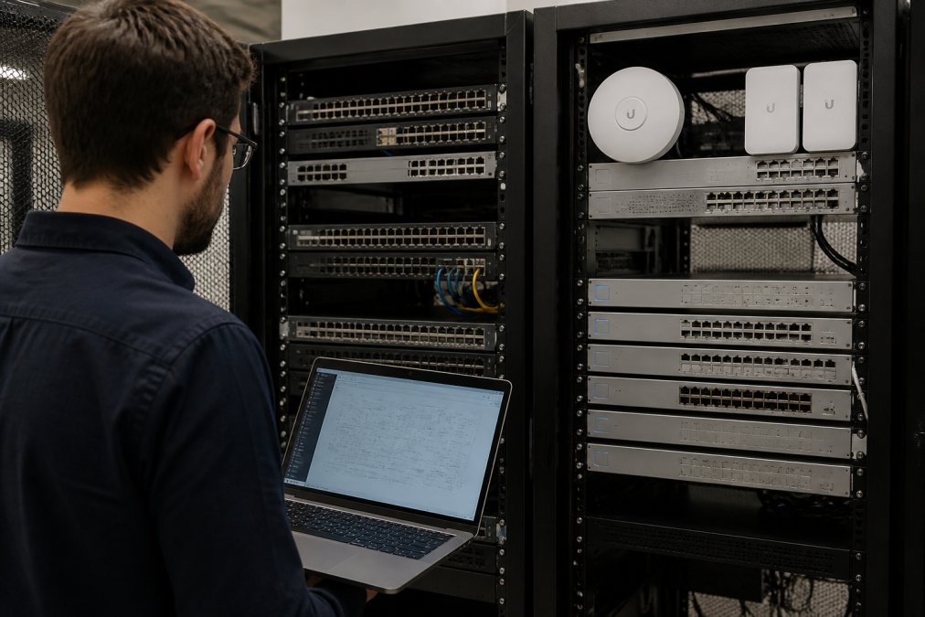 Network engineer comparing cisco vs ubiquiti hardware topology in a server room environment