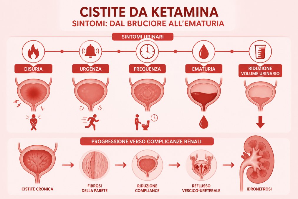 Diagramma dei sintomi urinari della cistite da ketamina: disuria, urgenza, frequenza, ematuria, riduzione del volume urinario, con freccia di progressione verso complicanze renali come idronefrosi