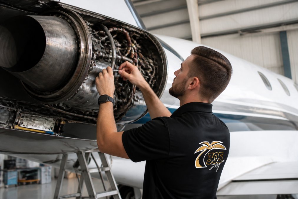 Professional aircraft maintenance technician inspecting Cessna Citation engine components with diagnostic tools in bright, well-organized hangar setting