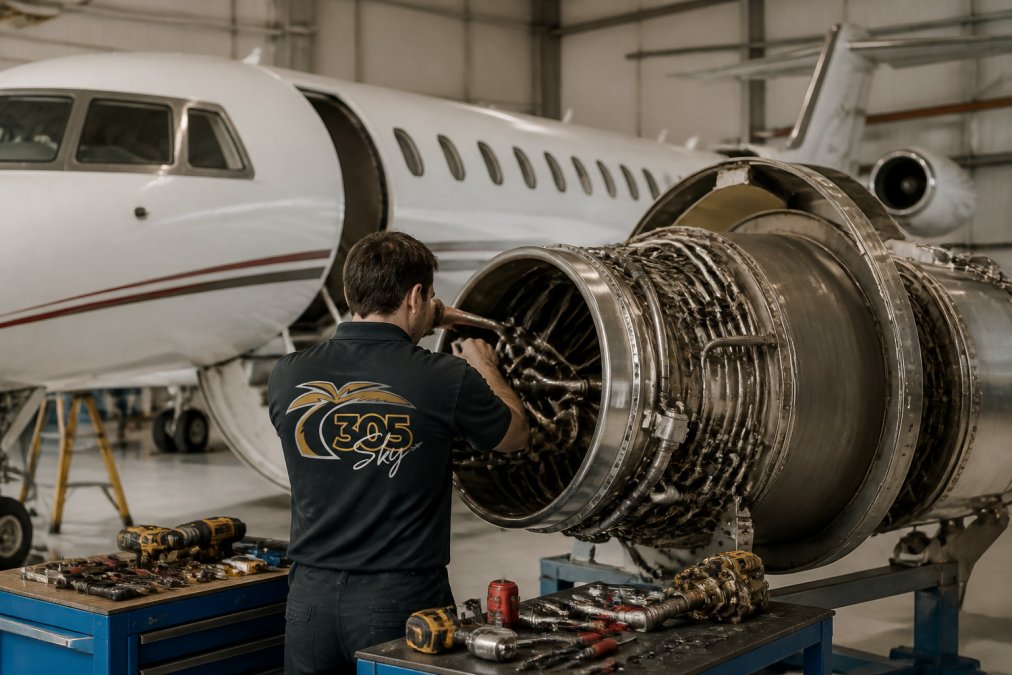 Aircraft maintenance technician working on Cessna Citation engine in well-lit hangar with diagnostic equipment and specialized tools visible